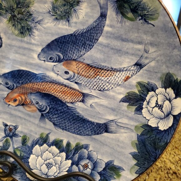 Vintage Japanese Porcelain Koi Fish & Lotus Floral 12.5” Serving Platter - Picture 2 of 6